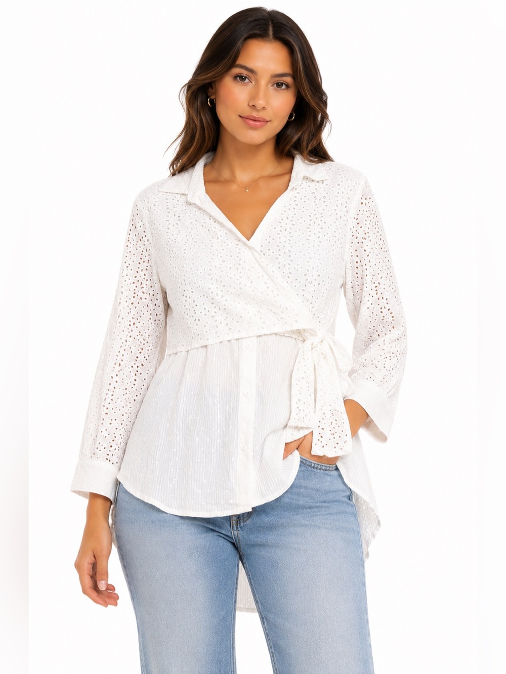 NWT Crochet Embroidery Eyelet Lace Tie Waist Button Blouse (Ivory) Size Small
